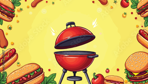 Colorful Summer Barbecue Grill with Burgers and Hotdogs – Fun Outdoor Cooking Art