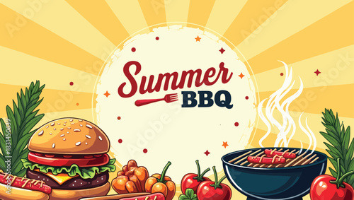 Colorful Summer Barbecue Grill with Burgers and Hotdogs – Fun Outdoor Cooking Art
