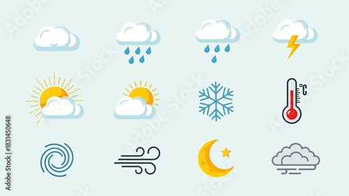 Vibrant collection of weather forecast icons, depicting diverse atmospheric conditions like sun, rain, snow, storm, wind, and temperature, suitable for digital interfaces