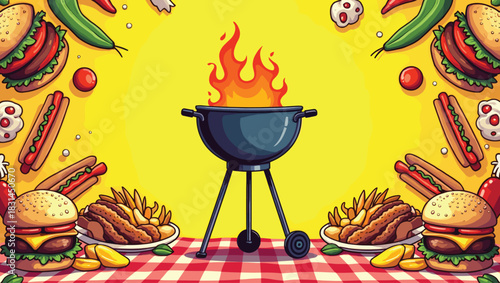 Colorful Summer Barbecue Grill with Burgers and Hotdogs – Fun Outdoor Cooking Art