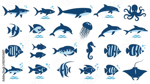 Various aquatic creatures illustration, featuring diverse fish species and marine life