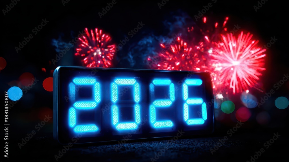 Fototapeta premium Celebrating the New Year 2026 with Fireworks and Bright Lights