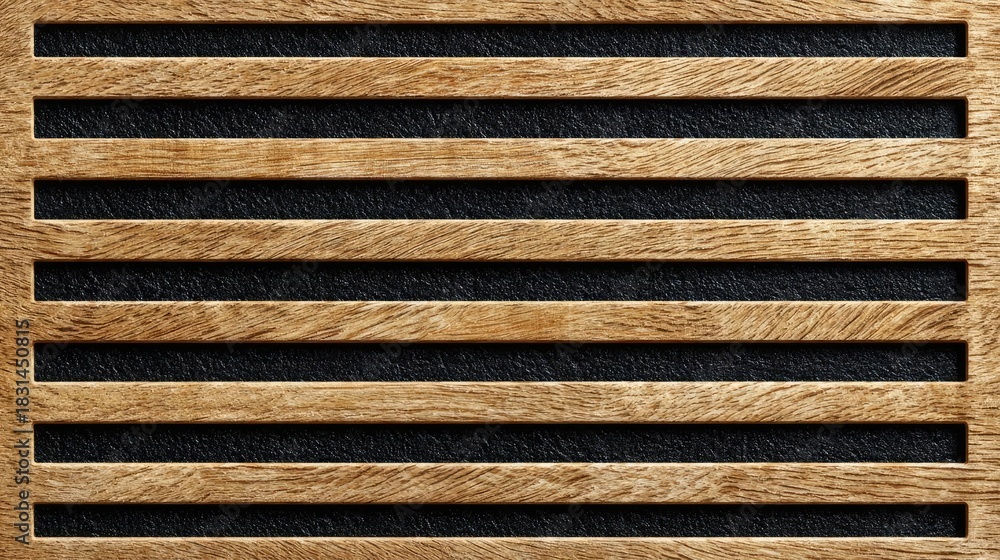 Fototapeta premium Acoustic wood panel wall with black cloth concept. Elegant wooden slatted texture against a dark background.