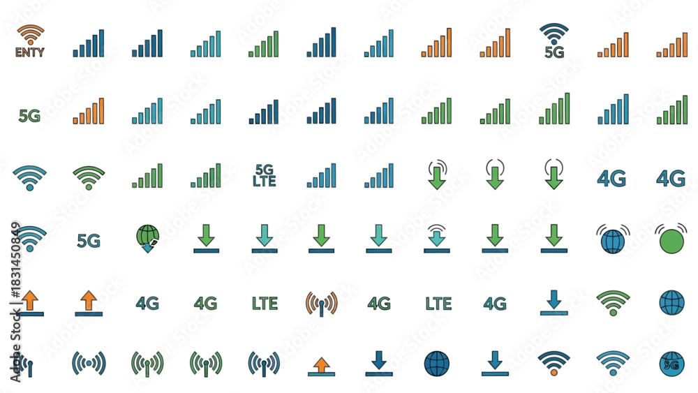 Fototapeta premium Set of colorful network signal and connectivity icons, including 5G, 4G, LTE, and WiFi symbols