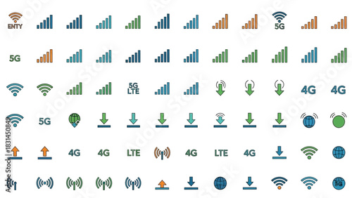 Set of colorful network signal and connectivity icons, including 5G, 4G, LTE, and WiFi symbols