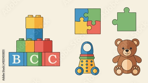 Colorful Assortment of Children's Toys and Educational Blocks Illustration