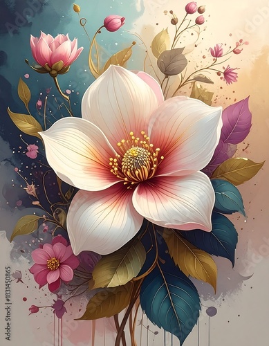 Stunning close-up of a floral arrangement with blossoms, leaves, and soft light
