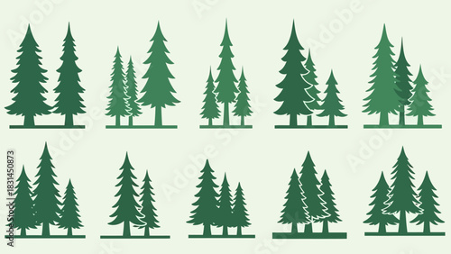 A curated collection of stylized evergreen forest trees, showcasing various groupings of pine and fir silhouettes, perfect for illustrating natural landscapes and woodland serenity