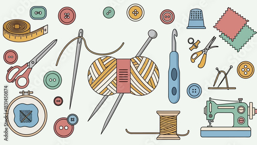Crafting Essentials A Colorful Vector Illustration of Sewing and Knitting Tools
