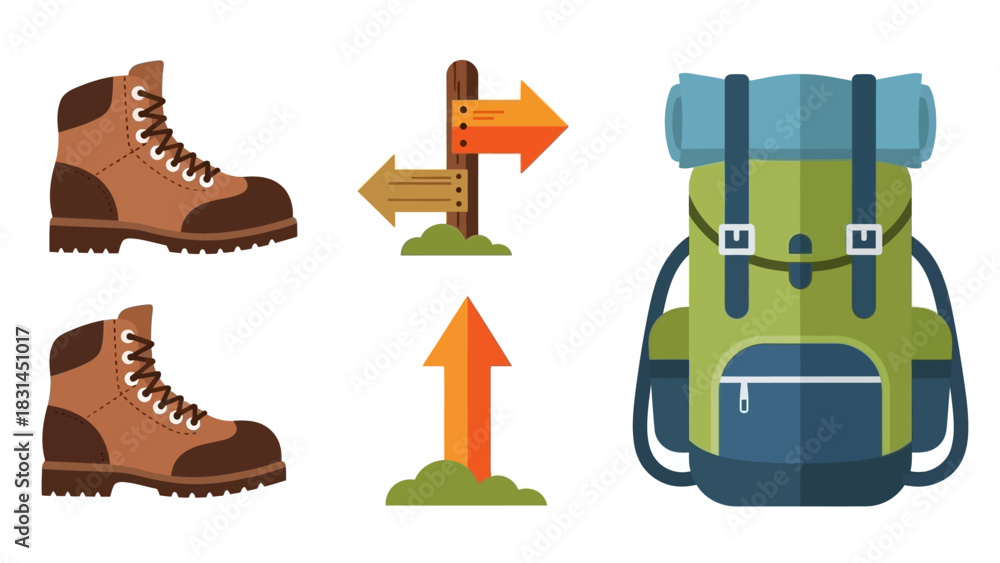 Fototapeta premium Hiking boots, directional signs, and a backpack, symbolizing outdoor adventure and exploration