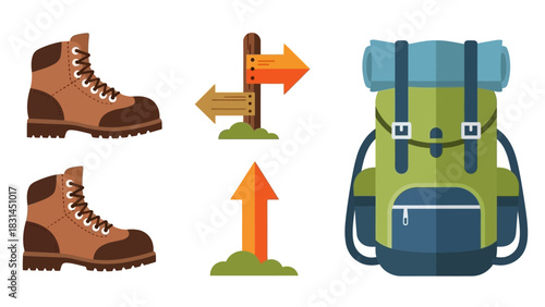 Hiking boots, directional signs, and a backpack, symbolizing outdoor adventure and exploration