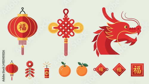 Chinese New Year decorations featuring a red dragon, lanterns, firecrackers, and lucky knots