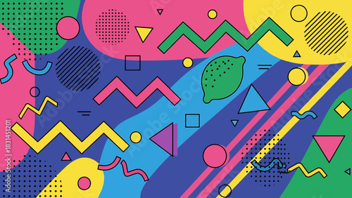 Dynamic abstract pattern with colorful retro-inspired geometric shapes, wavy lines, and a lemon, creating a lively and playful design background