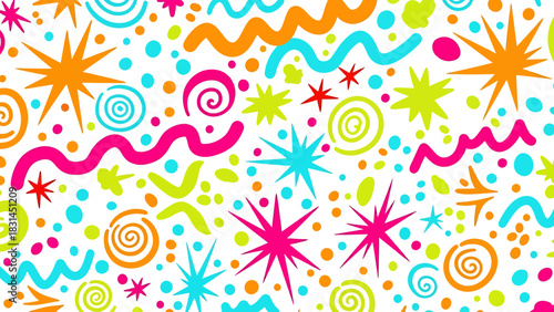 Funky and energetic abstract pattern featuring a random assortment of colorful stars, swirls, and lines on a white background