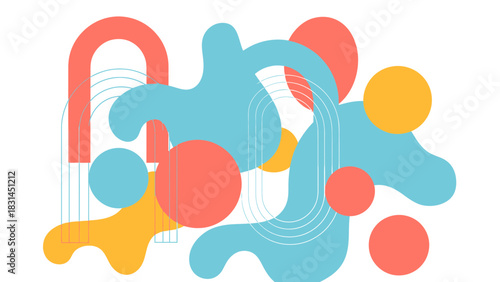 Playful abstract pattern with overlapping geometric and fluid forms in a bright, modern color palette