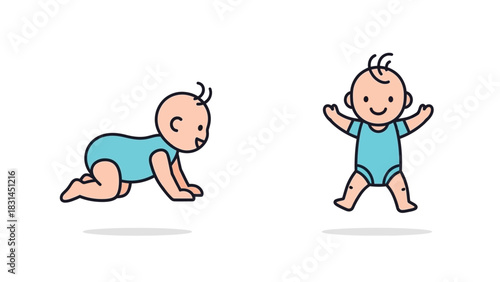 Cute baby crawling and jumping in a blue onesie, illustrating early childhood development and milestones