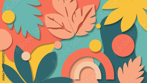 Abstract Tropical Leaves and Geometric Shapes with Soft Shadows and Pastel Colors
