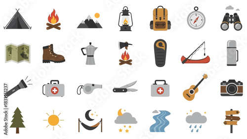 Collection of camping and outdoor adventure flat icons