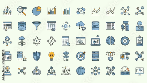 Collection of icons representing data analytics, business intelligence, and technology concepts for digital presentations and websites