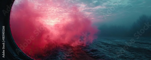 Grainy retro red light leaks with dust concept. A dramatic scene of colored smoke rising against a sunset backdrop.