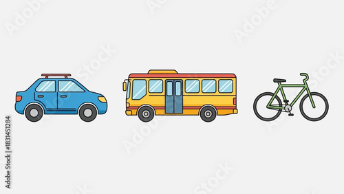 Illustrated lineup of a police patrol car, a yellow passenger bus, and a green bicycle, symbolizing various forms of ground transportation