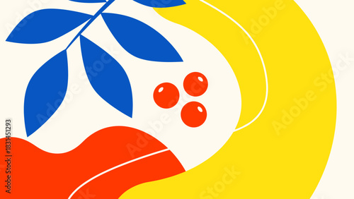 Modern abstract art composition with bold primary colors, featuring organic shapes of leaves and berries in a minimalist style