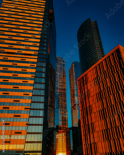 City skyline reflecting sunset light in Houston
