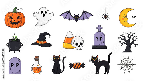 Spooky Halloween icons featuring pumpkins, ghosts, bats, and other classic holiday symbols for decorations and designs