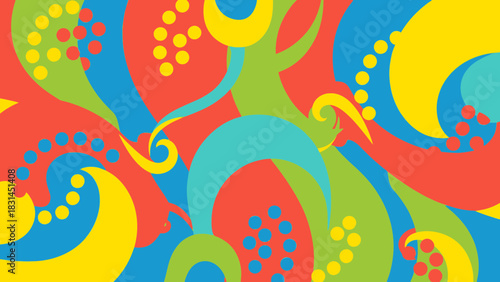 Psychedelic pop art background with vibrant, swirling kraken tentacles in a colorful seamless pattern