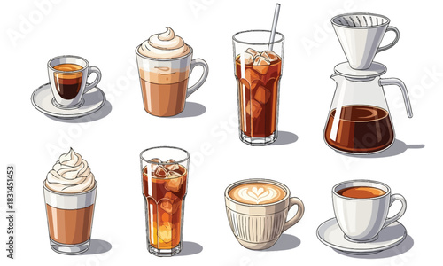 A diverse collection of stylized coffee beverages, including rich espresso, creamy lattes, refreshing iced drinks, and pour-over preparations, perfect for cafe menus and beverage-themed designs
