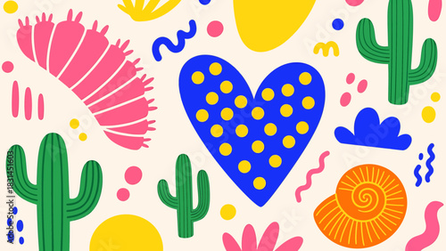 Vibrant abstract pattern featuring playful hand-drawn shapes, cheerful cactuses, and a polka-dotted heart, ideal for whimsical backgrounds and creative design projects