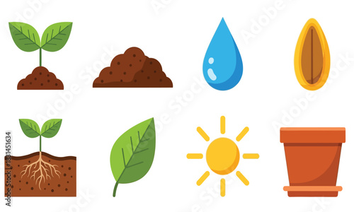 Set of icons related to plant growth and gardening, including soil, water, sunlight, and potted plants