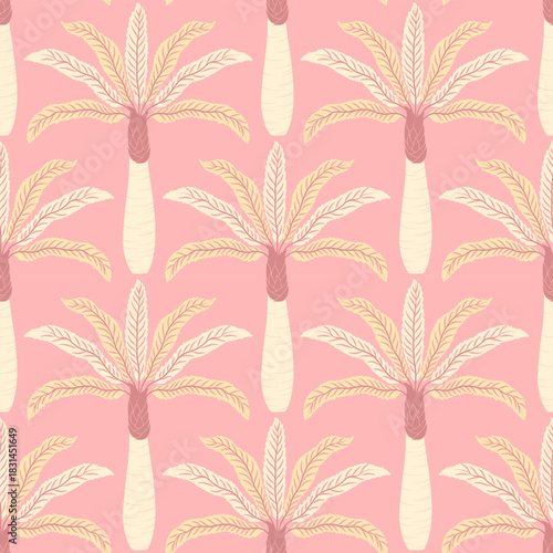 Seamless palm tree pattern featuring tropical botanical elements. This design is perfect for summer.	
