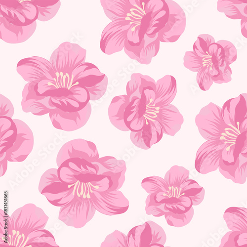 Soft pink floral seamless pattern with bold hand-drawn flowers. Perfect for feminine themes, fabric prints, packaging, stationery, and spring designs.