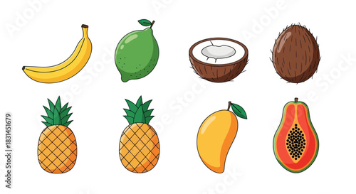 Vibrant tropical fruits collection isolated on white background for design