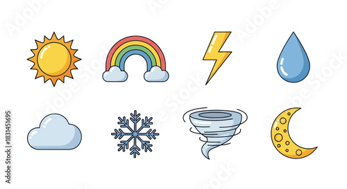 Weather elements sun rainbow lightning raindrop cloud snowflake tornado moon