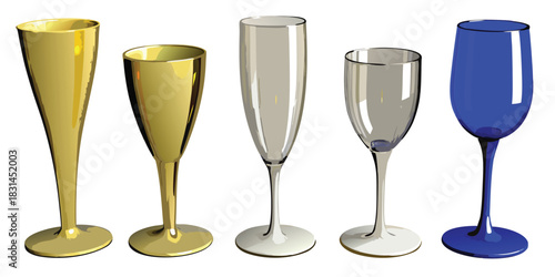 Assorted glassware in gold clear and blue colors on a white background art