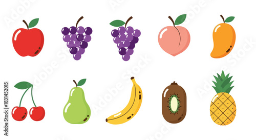 Colorful fruits assortment isolated on white background flat design illustration