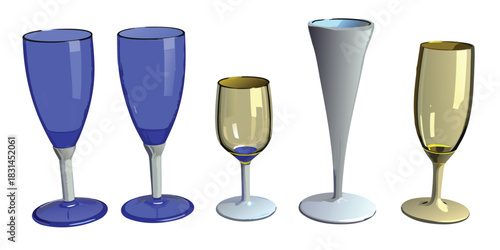 Assorted elegant glassware in blue gold and silver on a white background