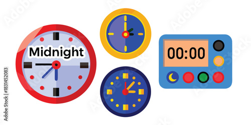 Clocks showing different times including midnight on a red and blue clock face