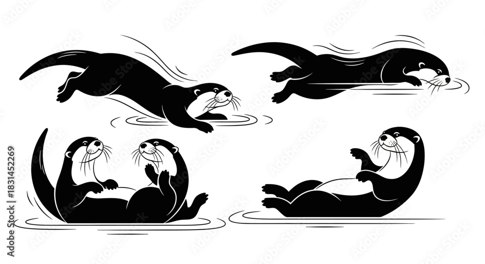 Fototapeta premium Playful otters swimming and floating in water