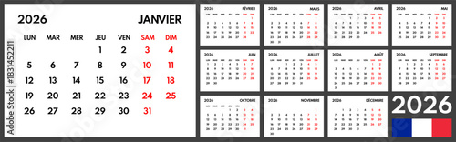 2026 year monthly office planner, calendar starts monday, two red weekends, white background, french months name, 12 month planner grid