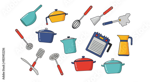 Colorful kitchen utensils illustration cooking tools on white background