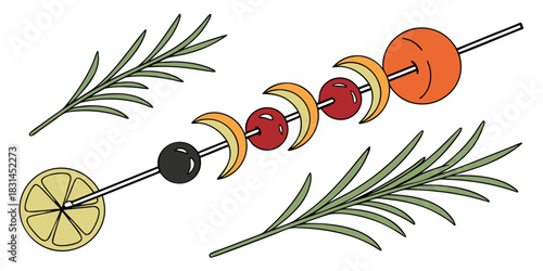 Colorful fruit skewer with lemon berries and orange slices with rosemary sprigs