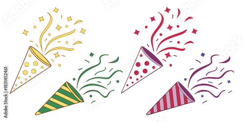 Colorful party poppers exploding with confetti for celebration and festive events