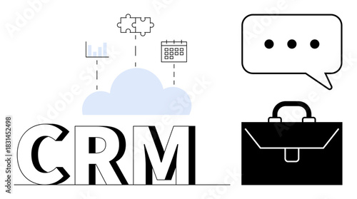CRM text under cloud connecting analytics, puzzle piece, and calendar. Speech bubble and briefcase symbolizing communication and business topics. Ideal for technology, teamwork, productivity