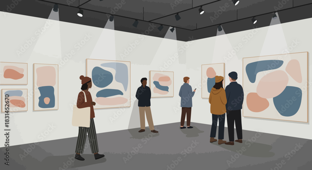 Fototapeta premium Visitors admiring abstract modern art paintings displayed in a brightly lit contemporary art gallery exhibition space