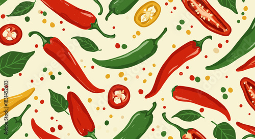 Hot Pepper Variety Illustration Colorful Seamless Pattern with Red, Green, Yellow Chili