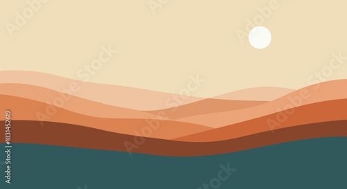 Abstract Minimalist Landscape with Rolling Hills and a Sun Over a Teal Body of Water