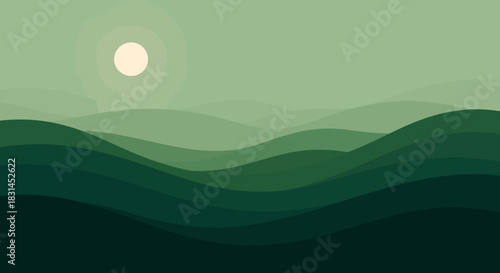 Minimalist abstract landscape with layered green hills and a gentle sun, a tranquil nature background in a monochromatic color palette